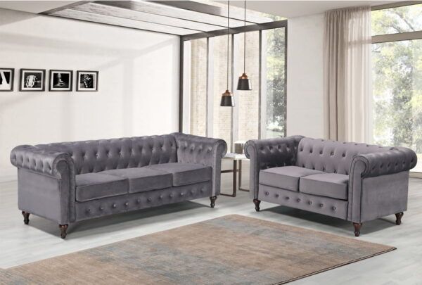 Grey Chesterfield Fabric Sofa 3 and 2 Seater