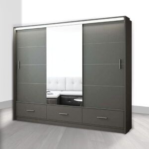 Grey Wardrobe 3 Door Mirror Sliding Marsylia 255cm