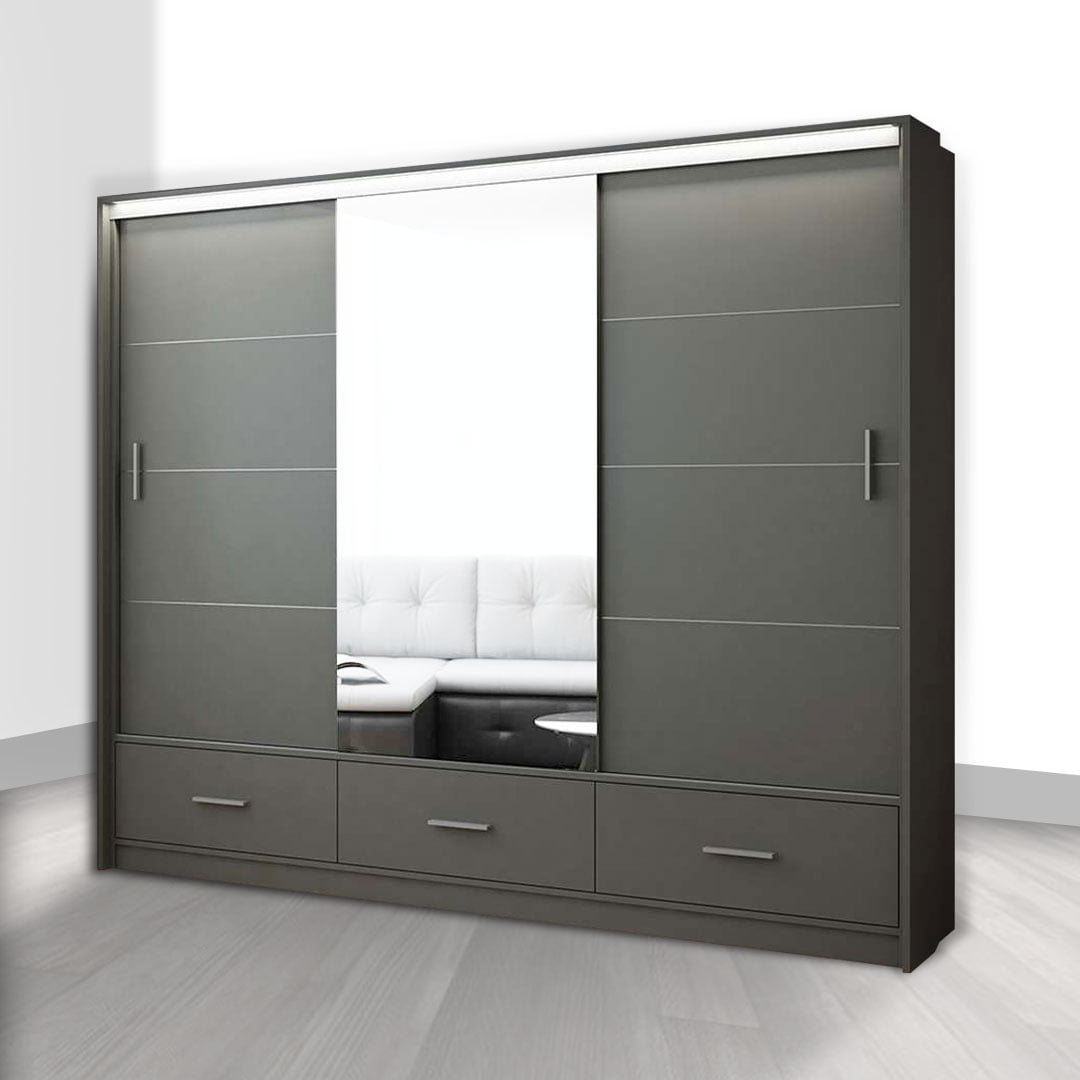 Grey Wardrobe 3 Door Mirror Sliding Marsylia 255cm Tender Sleep